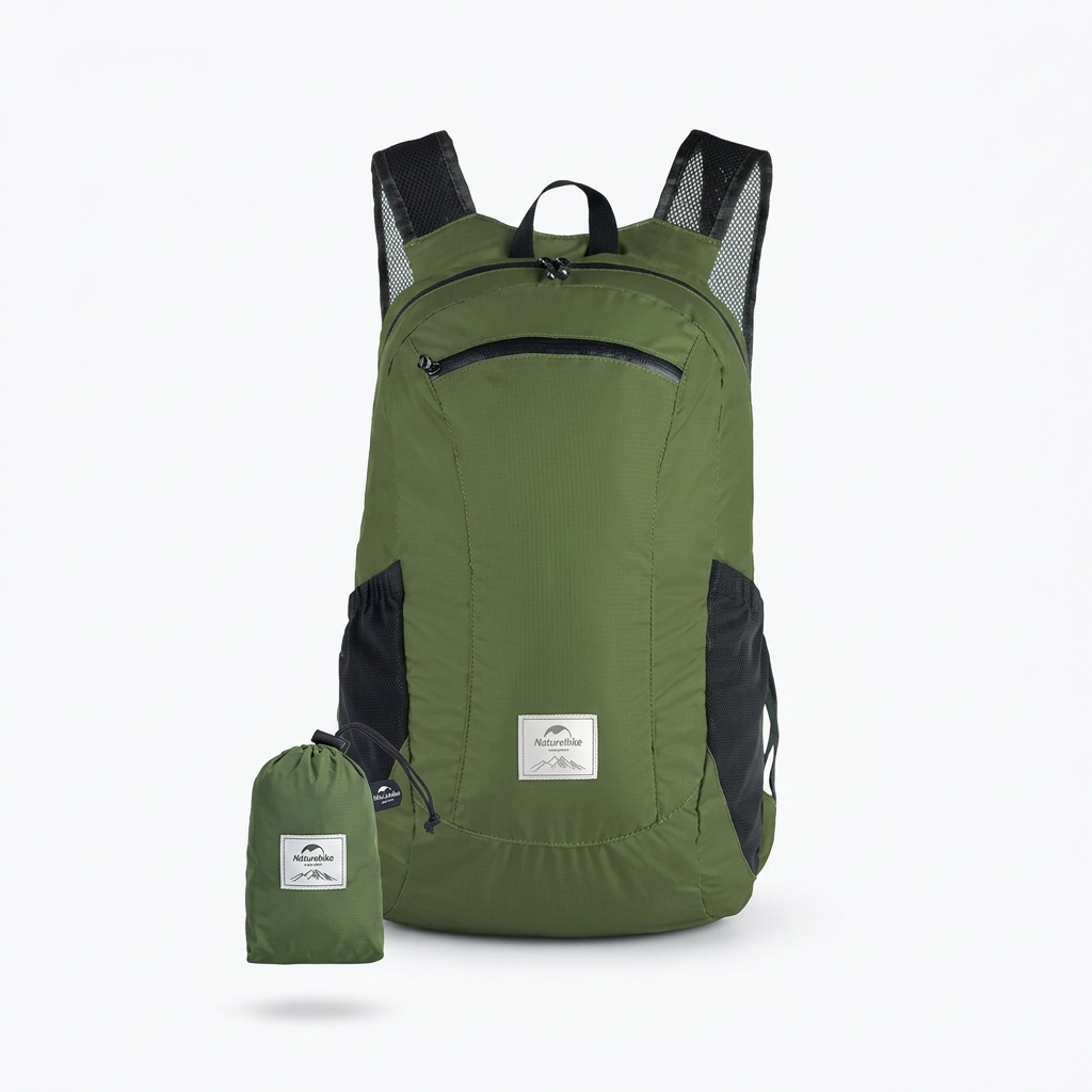 Green foldable backpack and pouch on white
