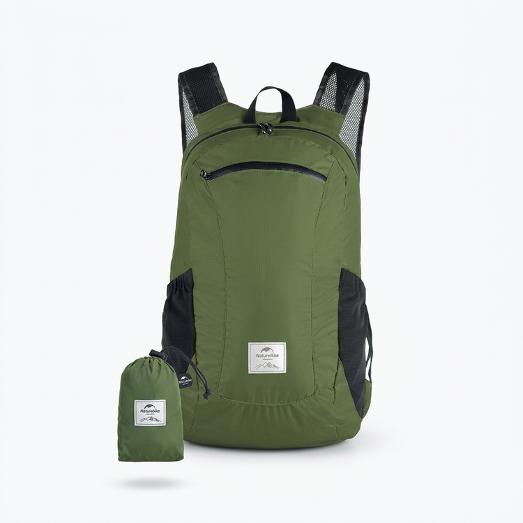 Green foldable backpack and pouch on white