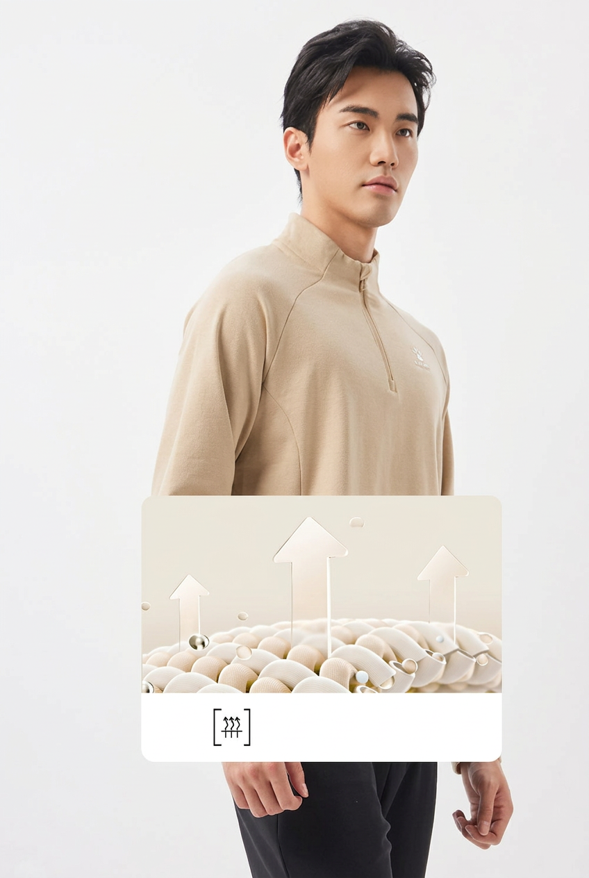 Beige half-zip pullover with a fabric construction illustration.