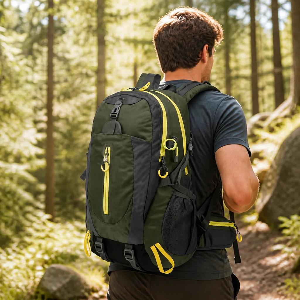 Hiker on forest trail without advertising