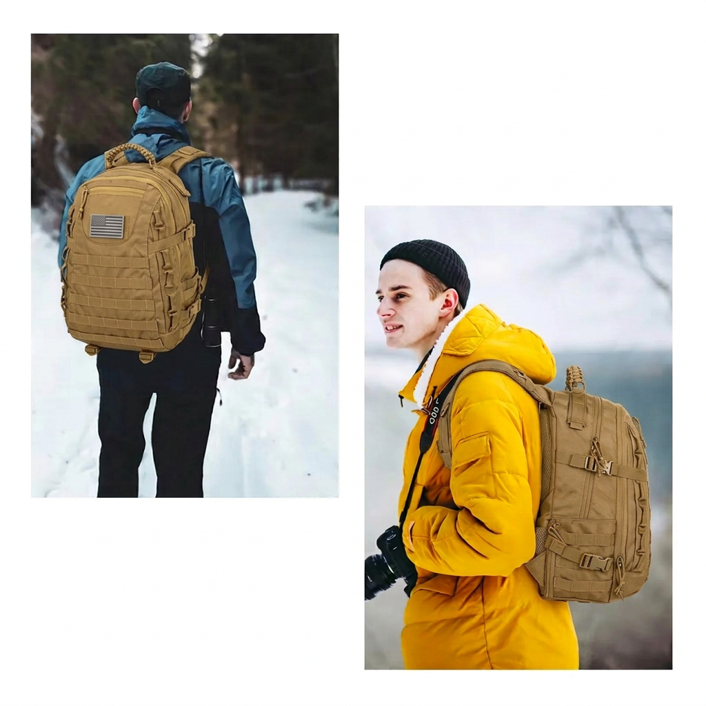 Two men wearing a khaki tactical backpack outdoors
