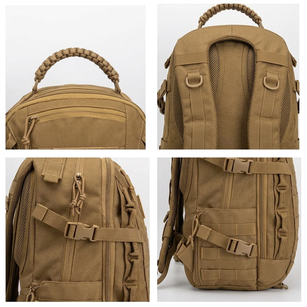 Khaki backpack closeups showing braided handle shoulder straps zipper pulls and side compression buckles