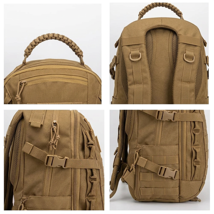 Khaki backpack closeups showing braided handle shoulder straps zipper pulls and side compression buckles