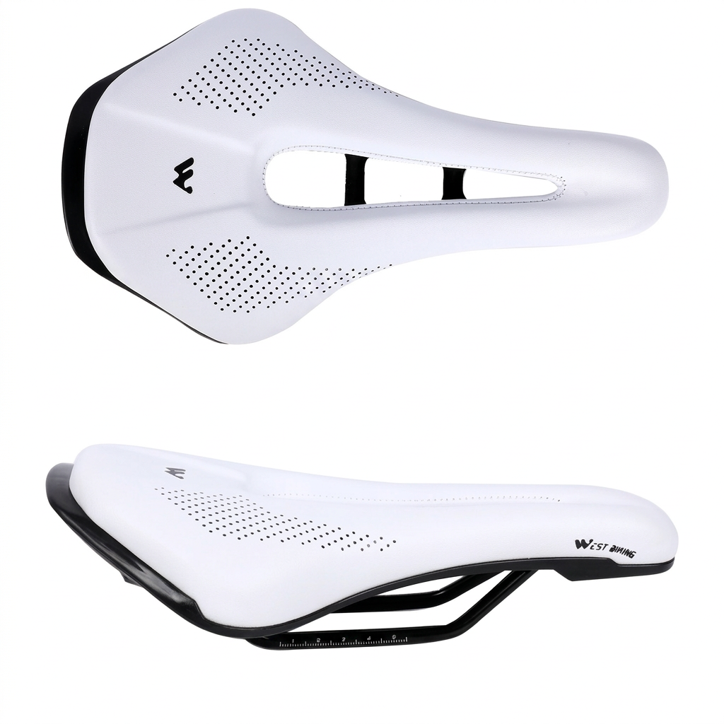 White bicycle saddle top and side views showing the central cutout and mounting rails