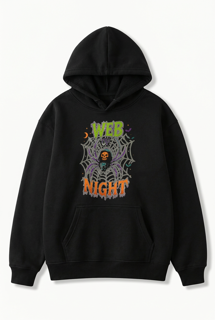 Black men's pullover hoodie with a colorful Web of Night skull and spiderweb graphic on a white background
