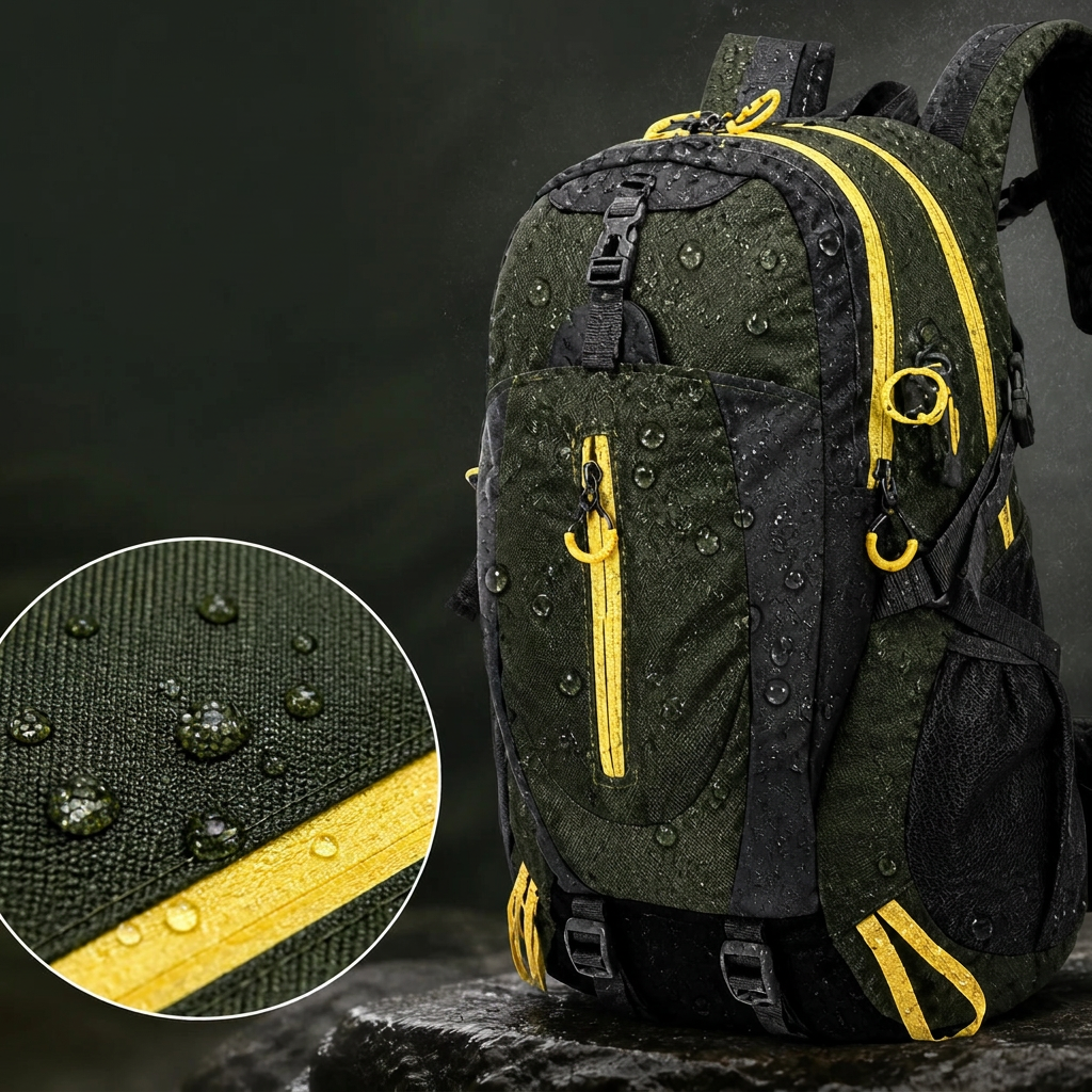Green hiking backpack with water droplets and a circular fabric texture closeup