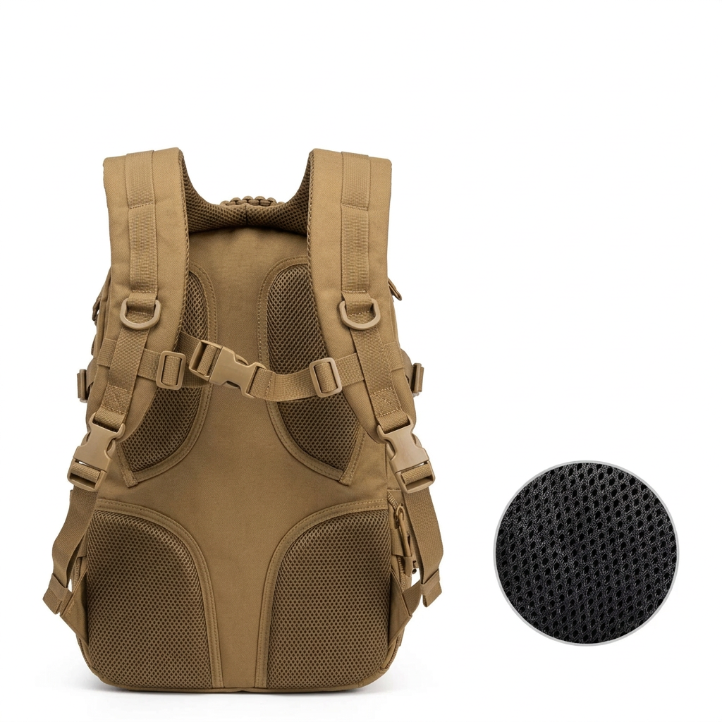 Rear view of khaki tactical backpack with padded shoulder straps chest buckle and mesh back padding