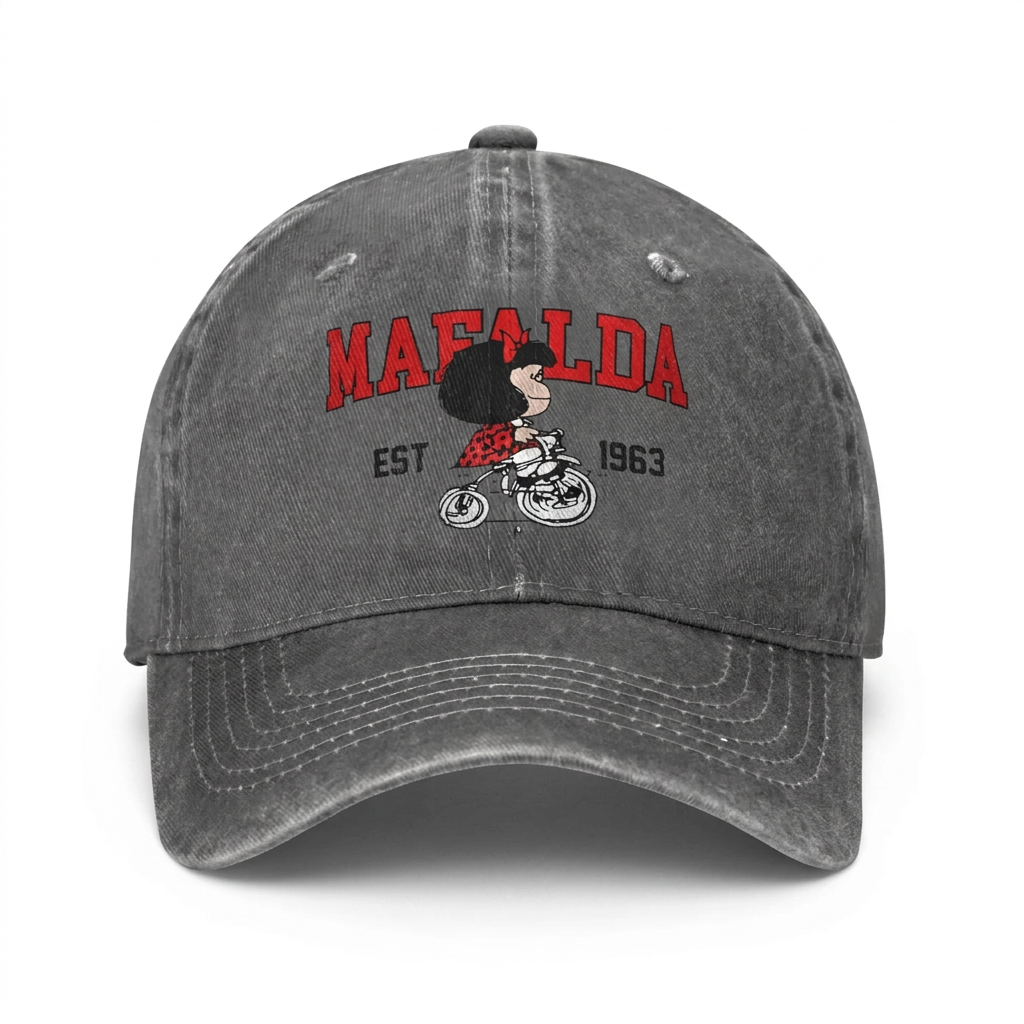 Gray washed Mafalda baseball cap with bicycle graphic on a white background