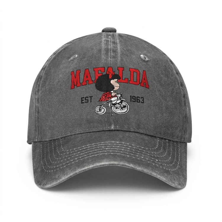 Gray washed Mafalda baseball cap with bicycle graphic on a white background
