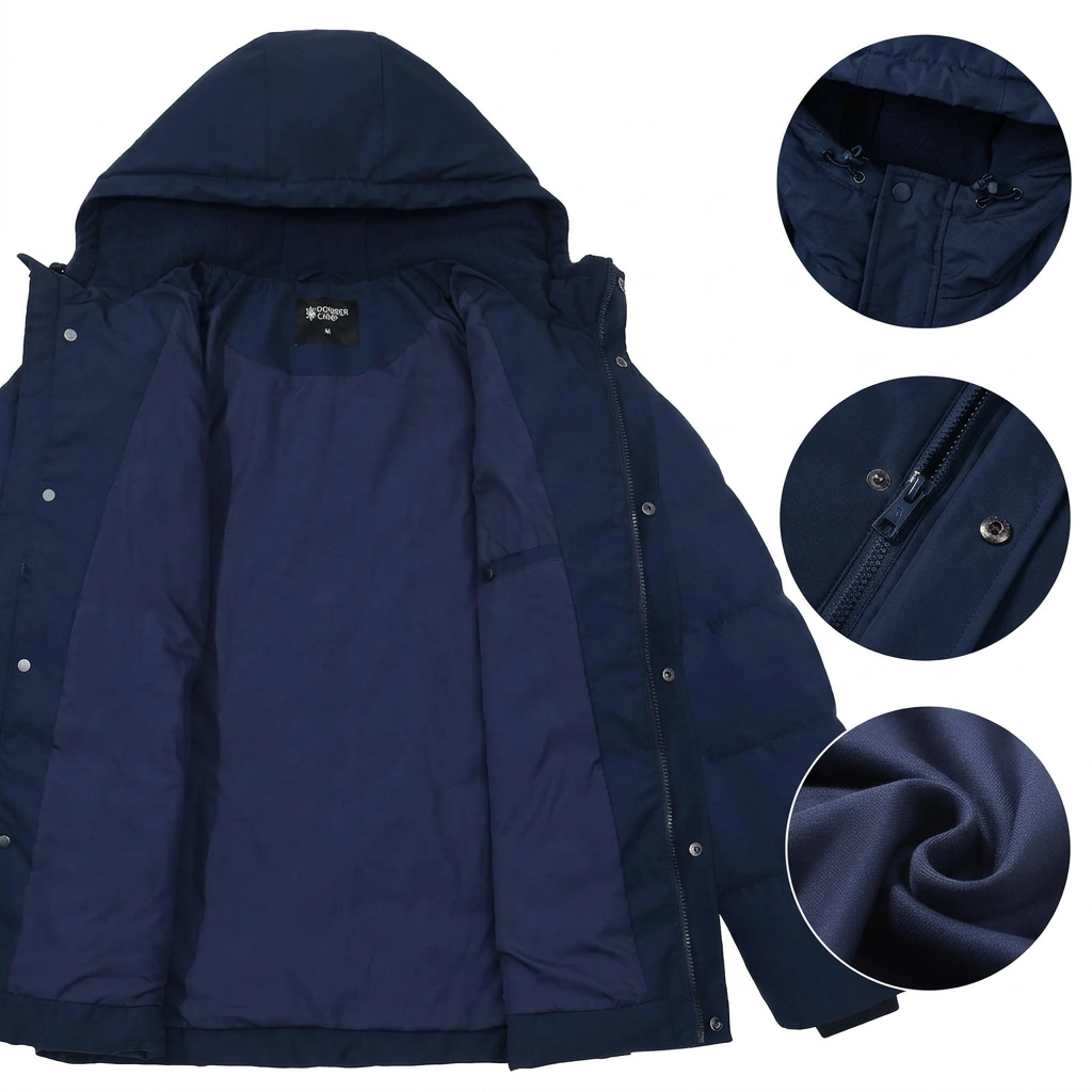 Opened navy puffer jacket with closeups of hood toggles zipper snaps and lining fabric