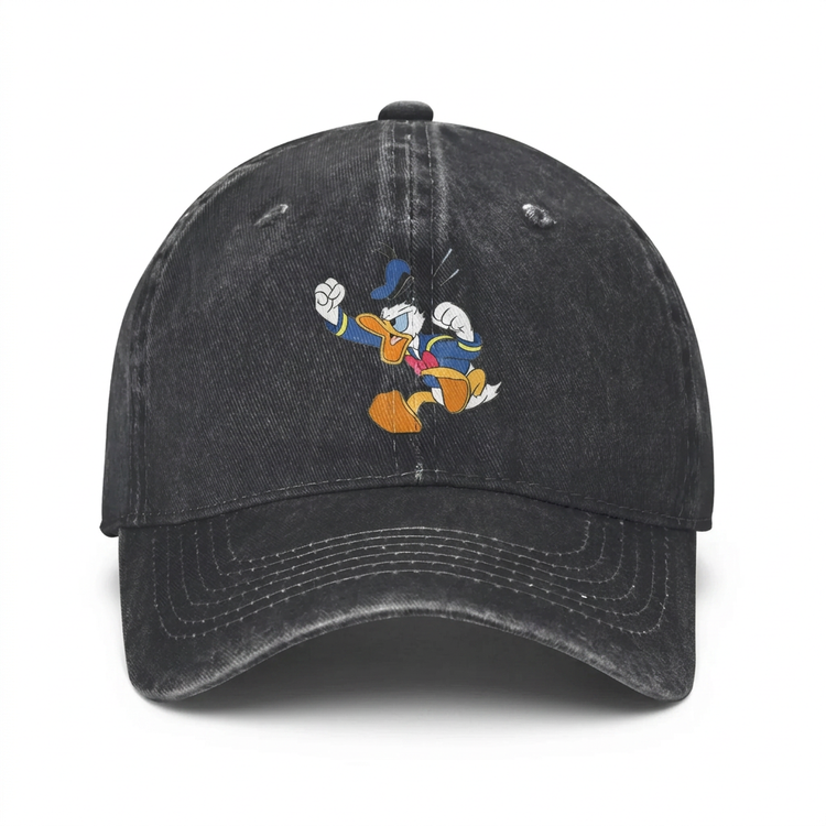 Black Donald Duck adjustable baseball cap on a white background