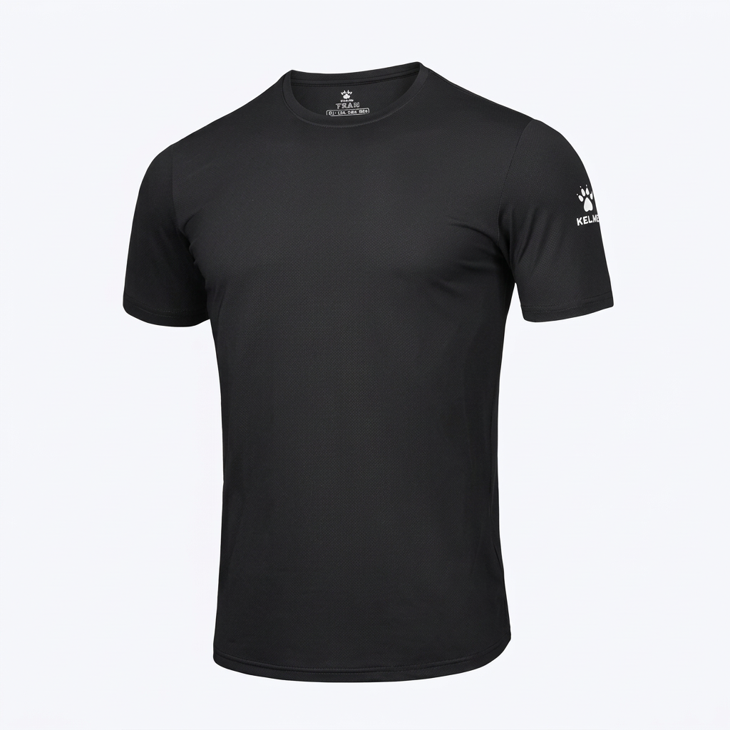 Black short-sleeve crew-neck athletic T-shirt on a white background