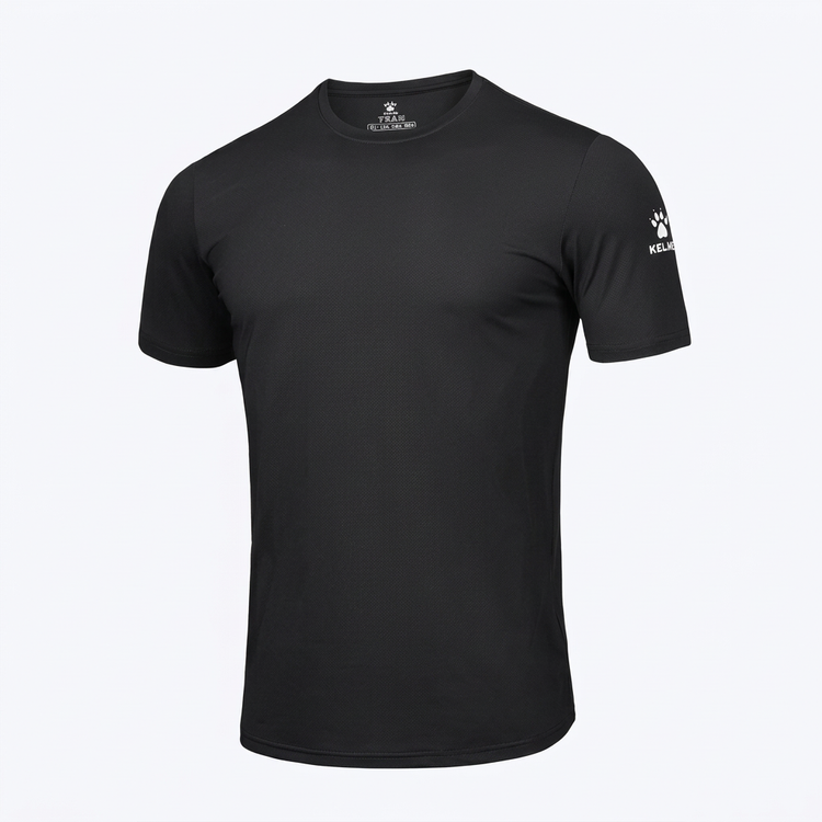 Black short-sleeve crew-neck athletic T-shirt on a white background