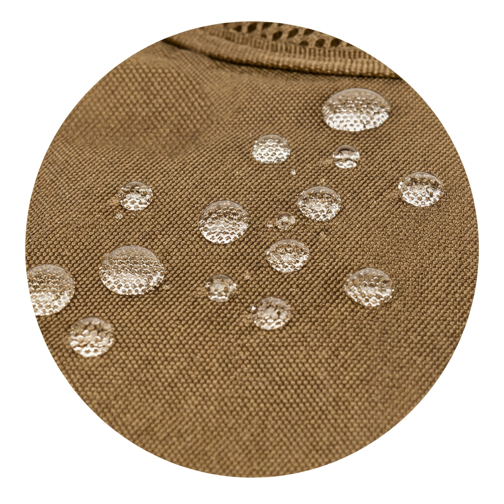 Closeup of khaki woven backpack fabric with water droplets