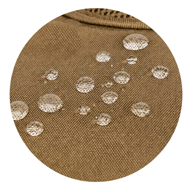 Closeup of khaki woven backpack fabric with water droplets