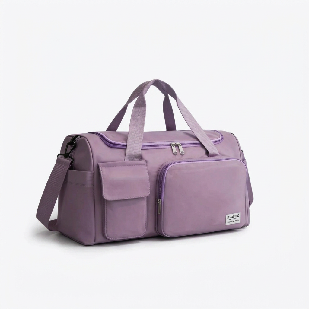 Lavender duffel bag on white
