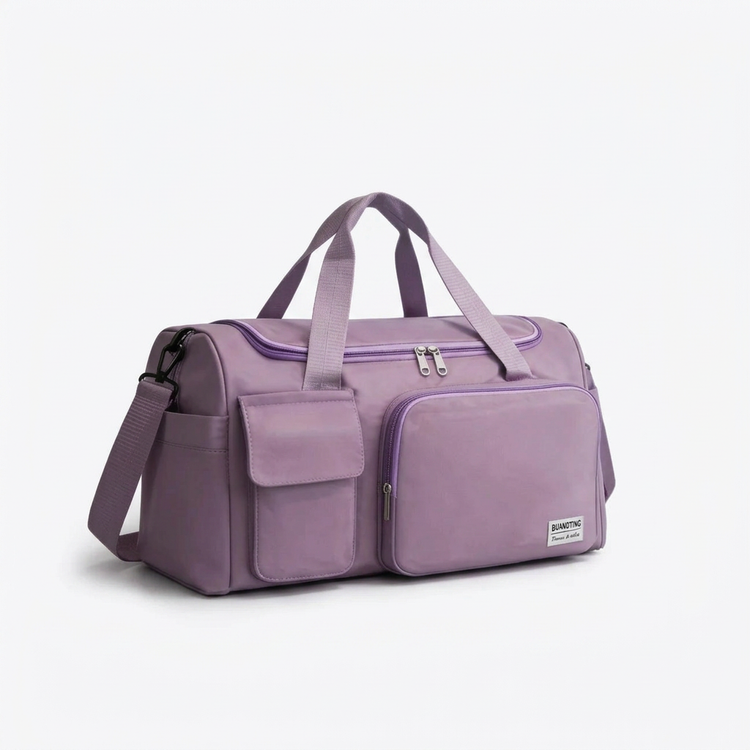 Lavender duffel bag on white