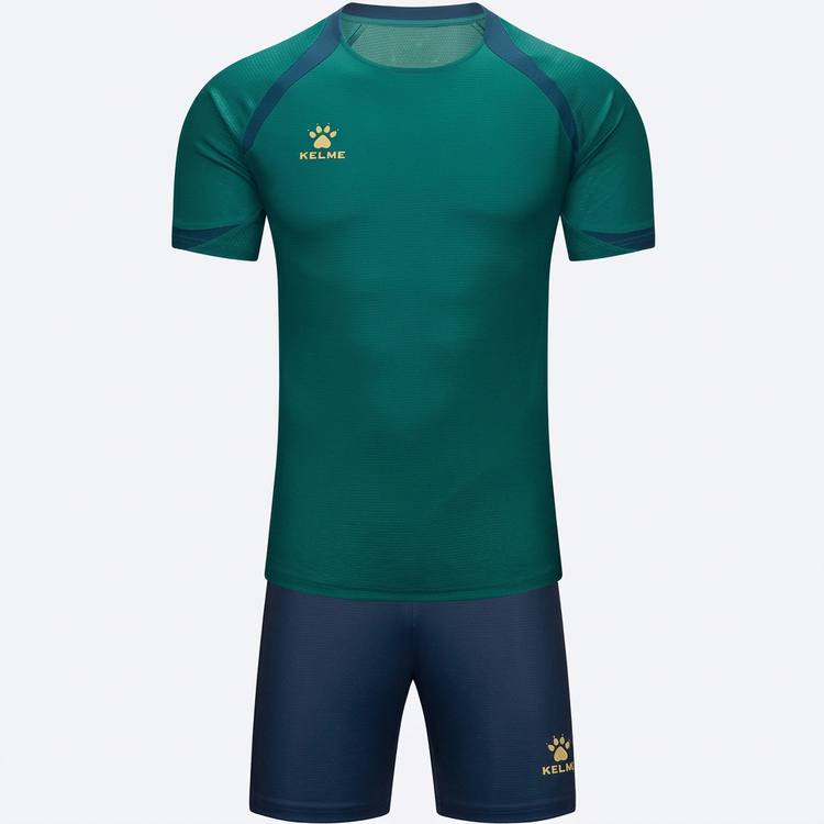 Men's dark green soccer jersey and navy shorts on a white background