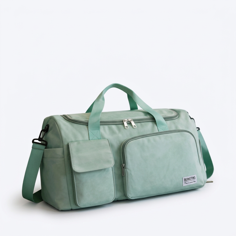 Mint green duffel bag on white