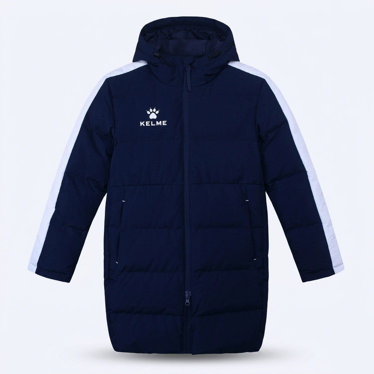 Navy children's hooded coat with white sleeve stripes