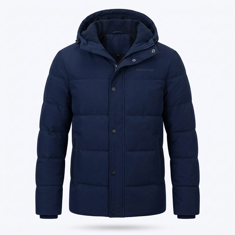 Navy hooded puffer jacket without model