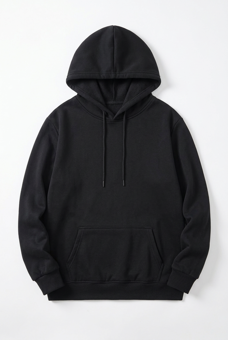 Plain front of black pullover hoodie