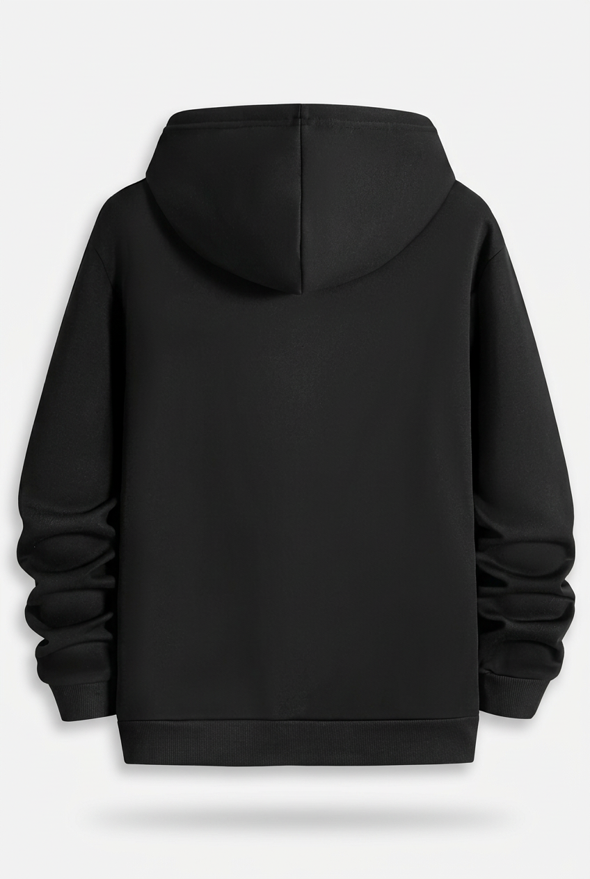 Plain rear view of black men's hoodie on white