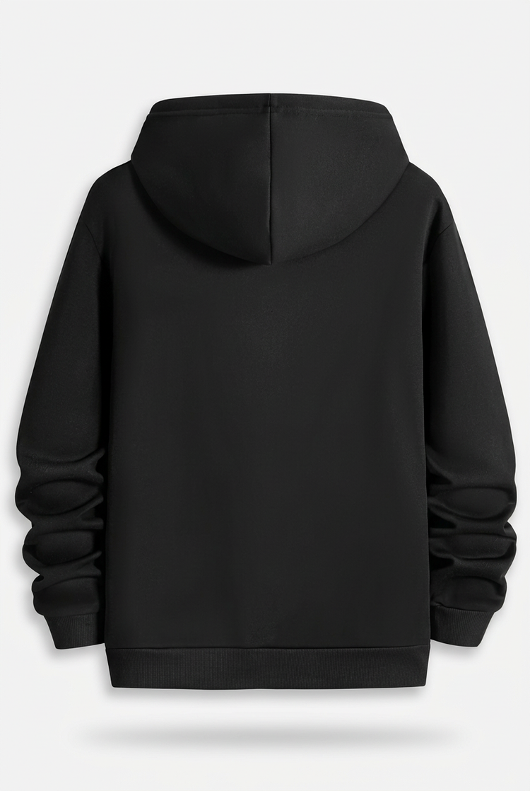 Plain rear view of black men's hoodie on white