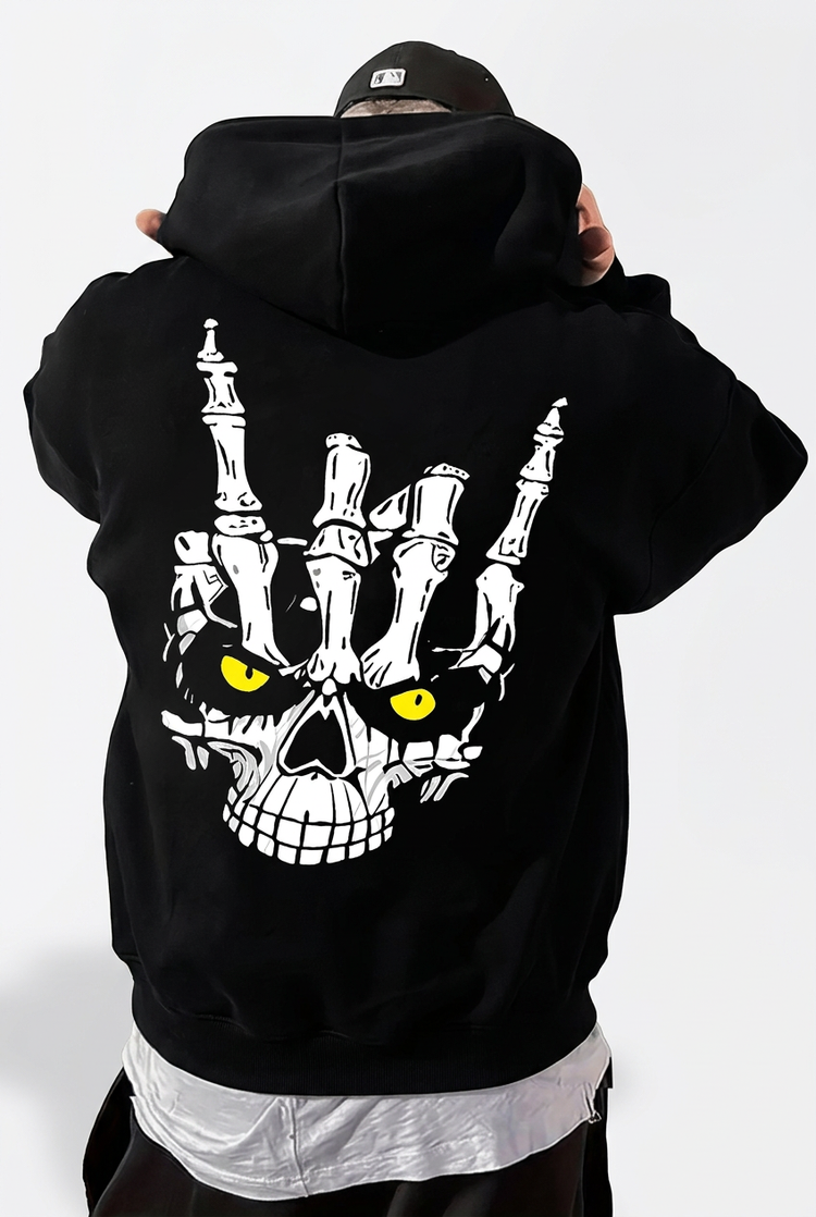 Rear view of black skull graphic hoodie