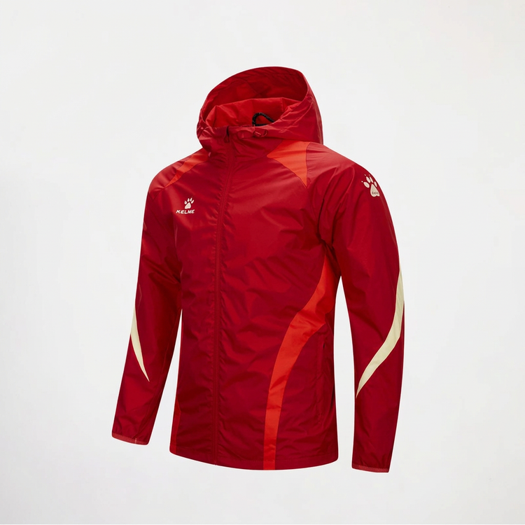Red hooded sports jacket with contrast panels