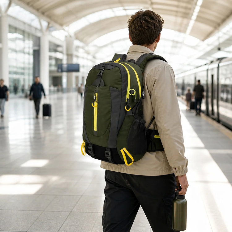Traveler at train station without advertising