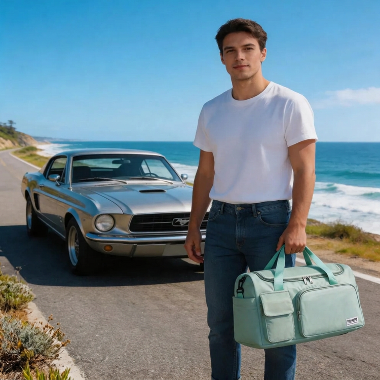Traveler carrying a mint green duffel bag