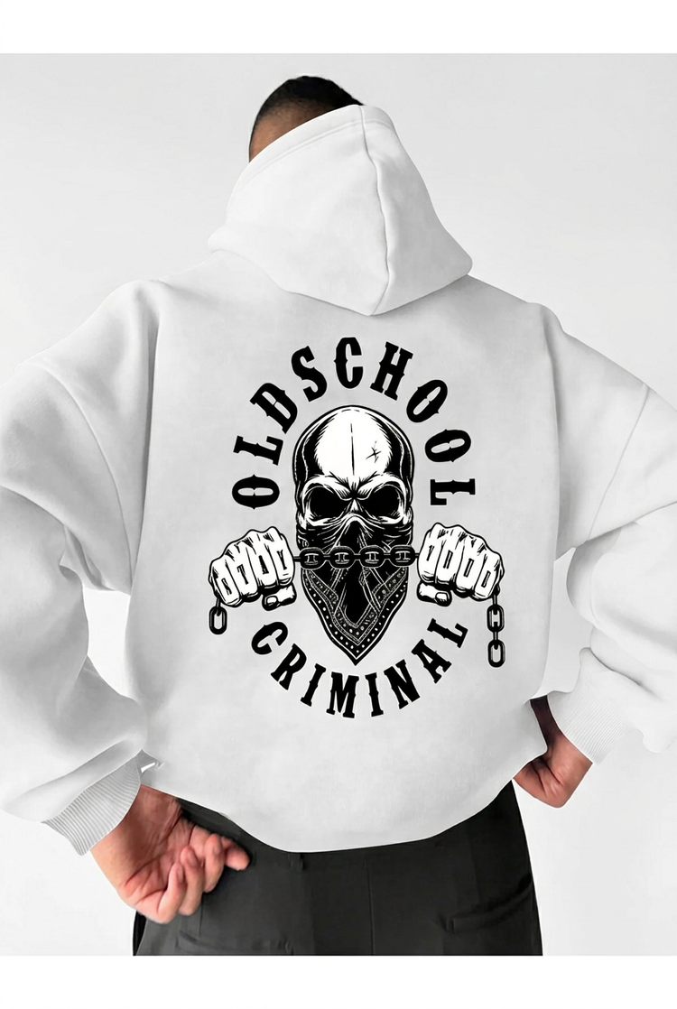 White Oldschool Criminal hoodie rear view on white