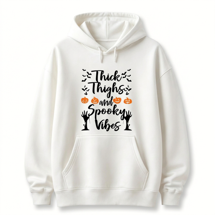 White pullover hoodie with Thick Thighs and Spooky Vibes lettering orange pumpkins bats and raised hands