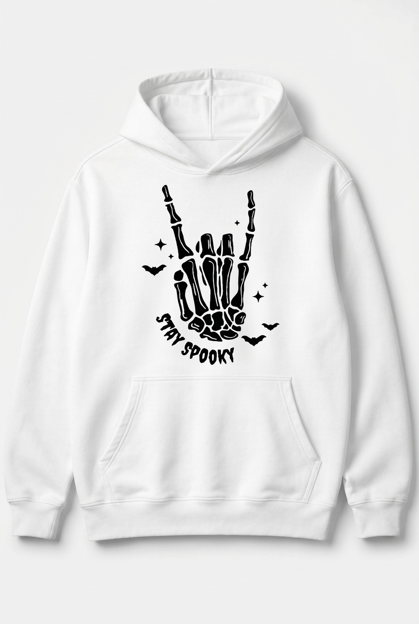 White Stay Spooky graphic hoodie on white
