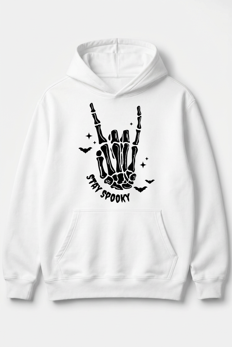 White Stay Spooky graphic hoodie on white