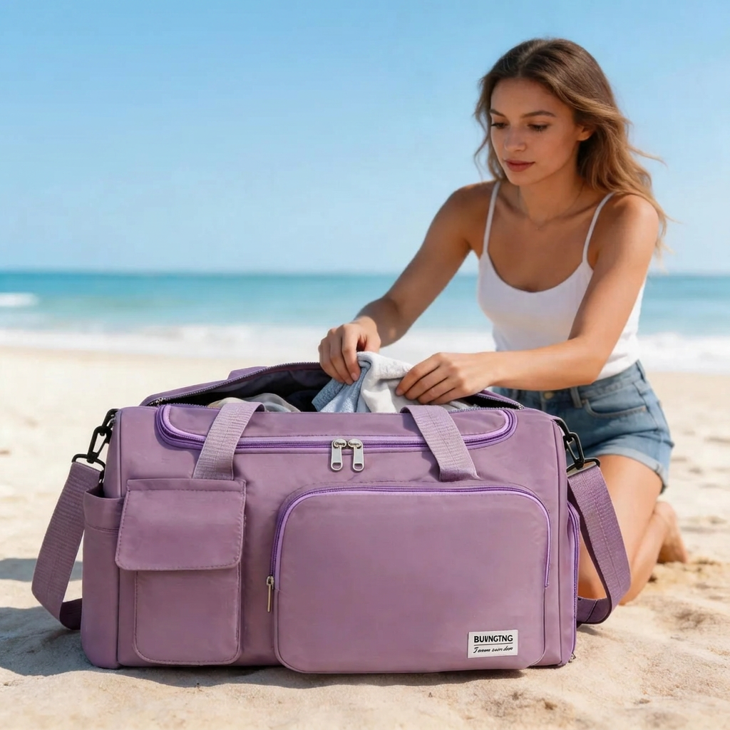 Woman packing a purple duffel bag at the beach